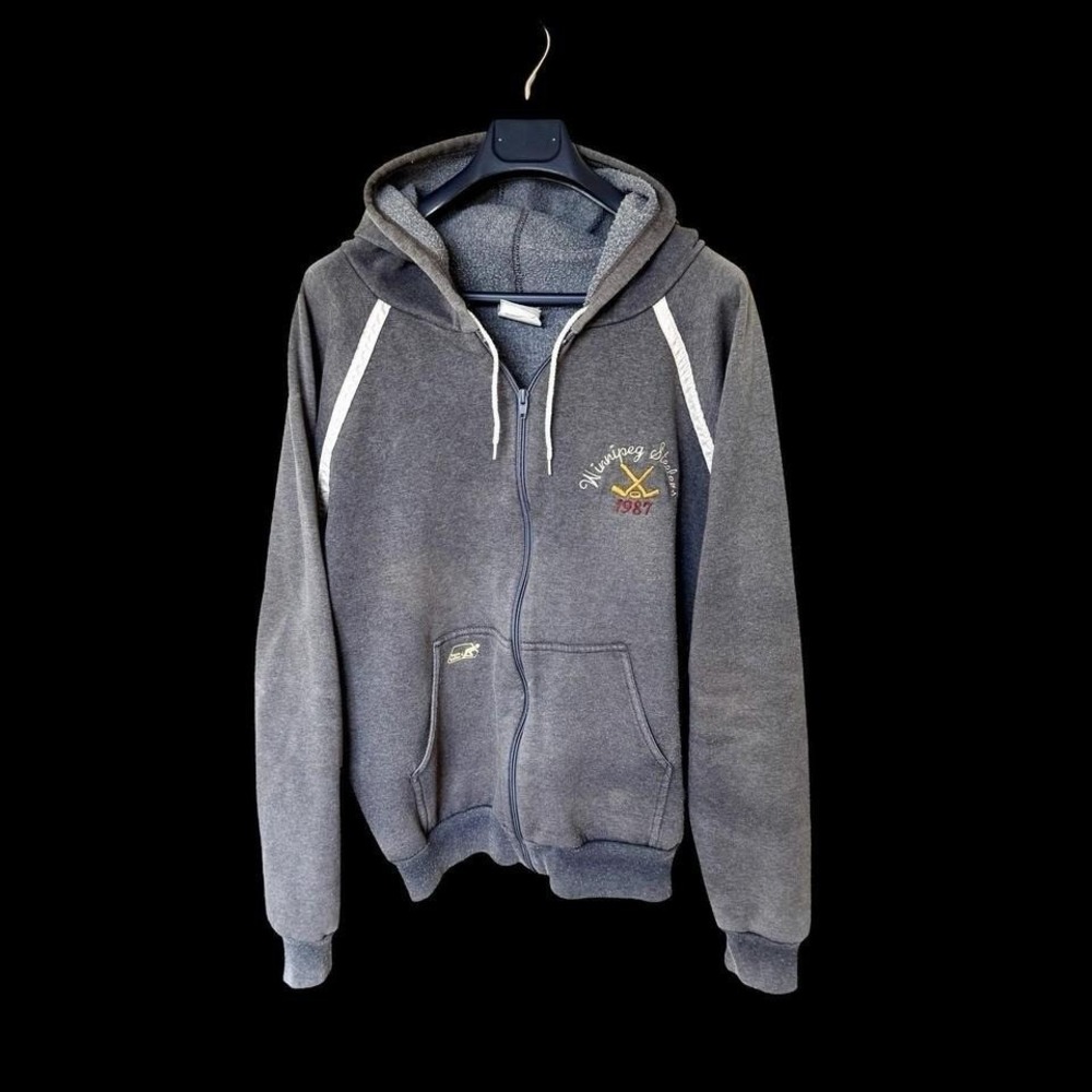 Vintage 1987 Winnipeg Steelers Full Zip Hoodie M/L Grey Distressed Hockey Canada